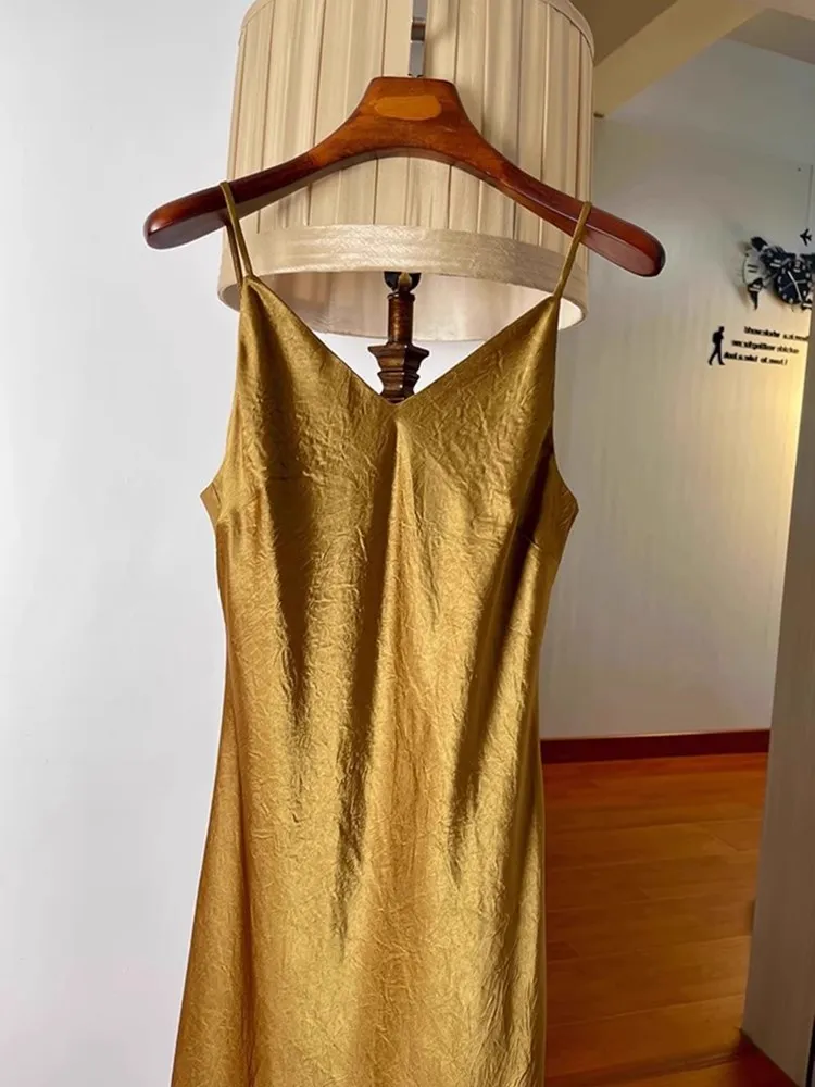 Vestido de Seda y Satén para Mujer, Corte Entallado, Verano, Elegante, con Tirantes de Acetato, Plisado, Escote en V, Estilo Svel