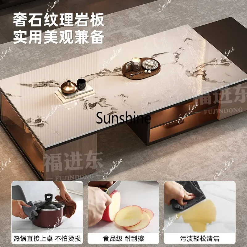 A rock slab light luxury stone small apartment household retractable floor coffee table TV cabinet combination