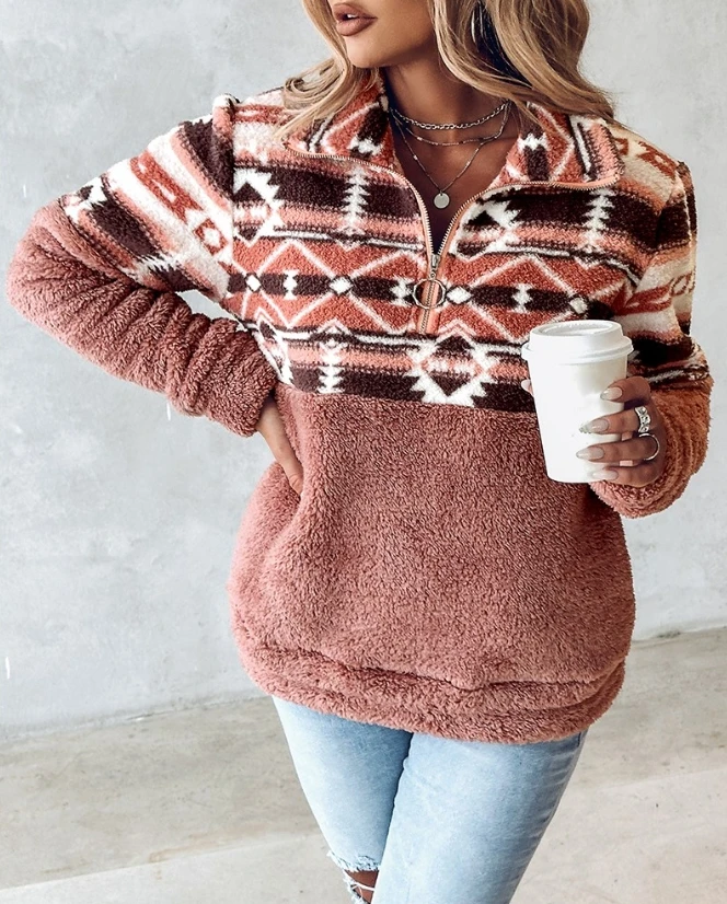 

Women Sweatshirts Autumn Fashion Geometric Patten Zipper Design Casual Turn-Down Collar Long Sleeve Daily Teddy Sweatshirt