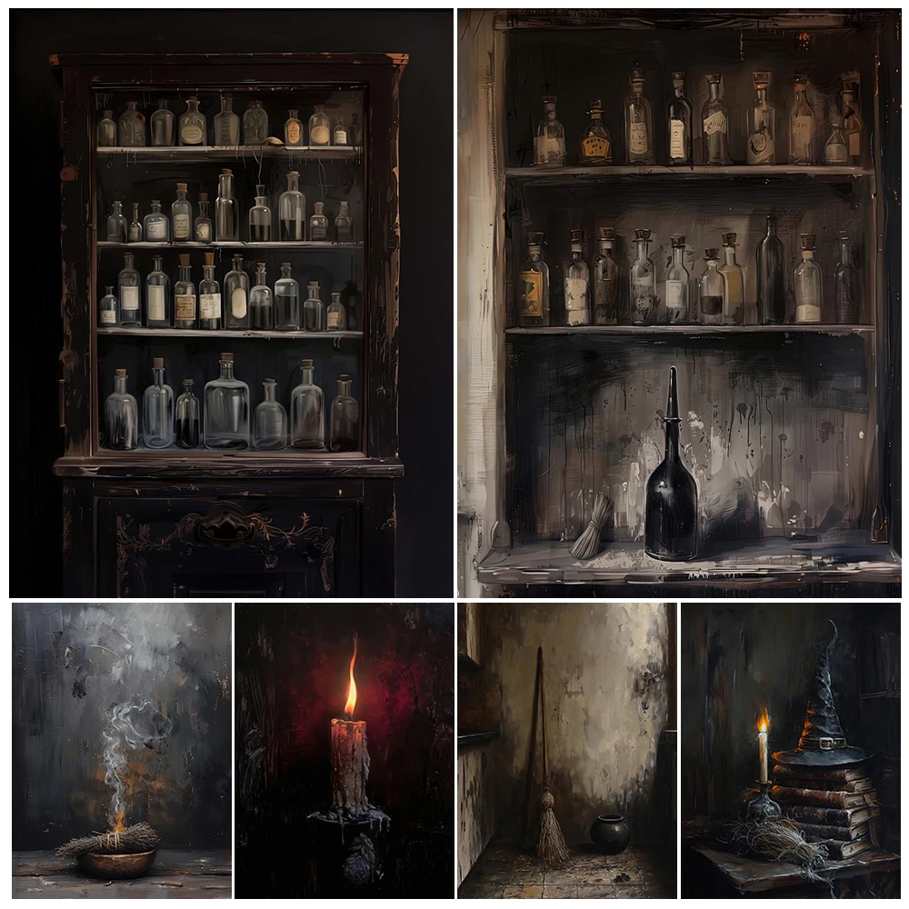

Spooky Candle And Dark Witch Crystal Ball,Vintage Wall Art Canvas Print,Apothecary Bottle Cabinet Abstract Art Poster Print