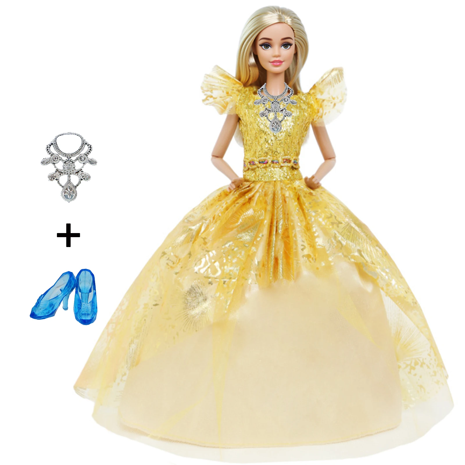 Fashion Golden Princess Doll Dress Party Wear Gown Outfit with Blue Crystal  Shoes Necklace Clothes for 11.5'' Doll Kids Gift Toy - AliExpress 26