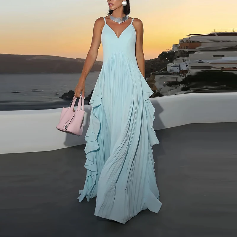 Moda feminina plissado sem mangas sólido estilingue vestido sexy fora do ombro solto balanço vestido elegante profundo decote em v em camadas vestido longo