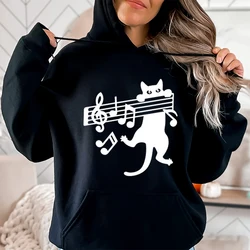 Fashion Music Cat Print Hoodies Women Harajuku Casual Loose Hooded Funny Note Cat Streetwear Autumn Female Love Cat Gift Hoody