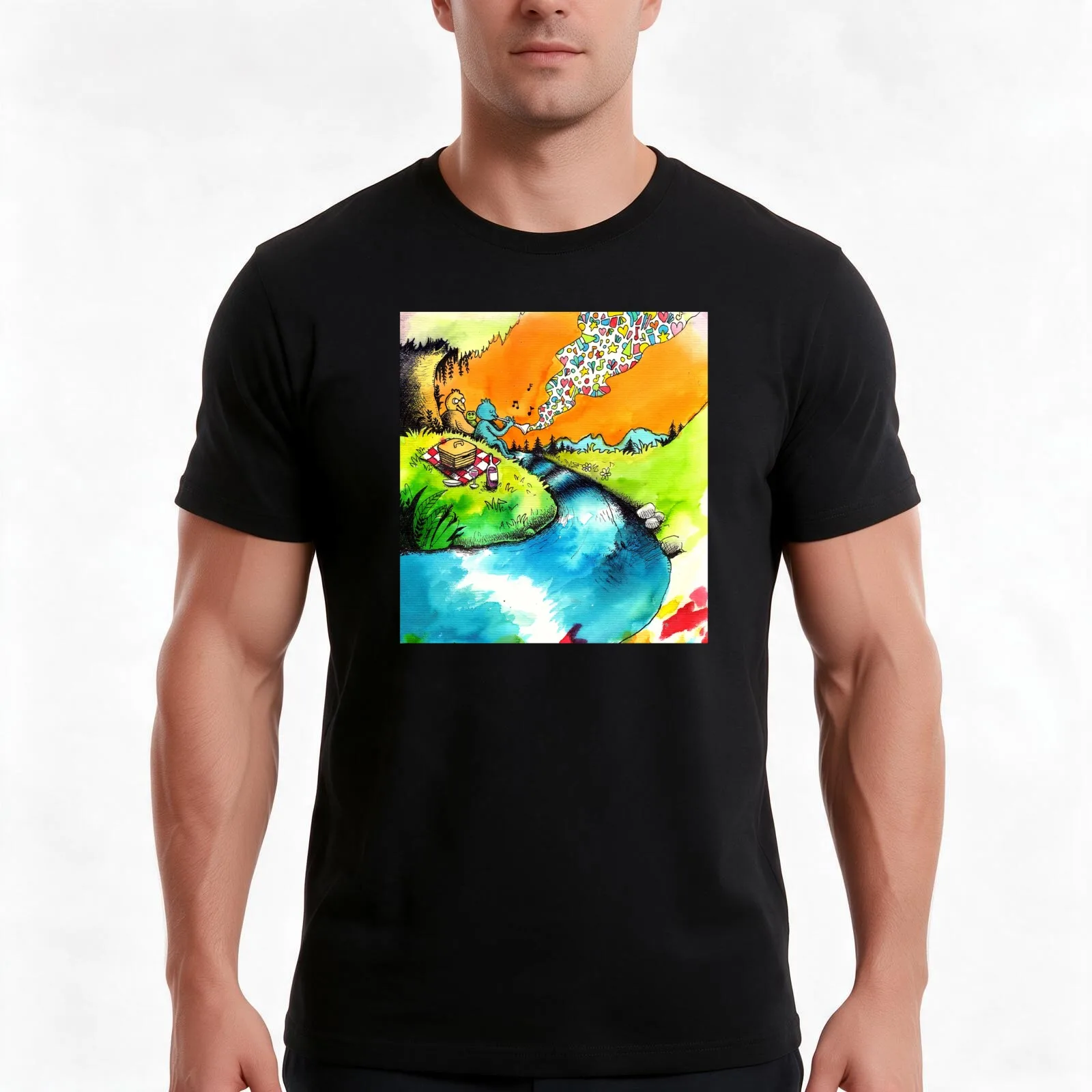 By A Stream T-Shirt, Summer Casual Cotton Tee, Oversized Streetwear Tops, Vintage Graphic Print, Loose Fit Short Sleeve