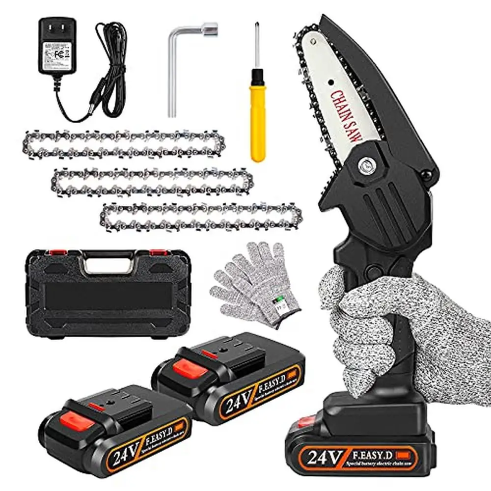 Upgrade Mini Chainsaw 24V Portable Power 2 Batteries Charger 3 Chains Small Handheld Battery Chainsaw Pruning Branches Logs Gift