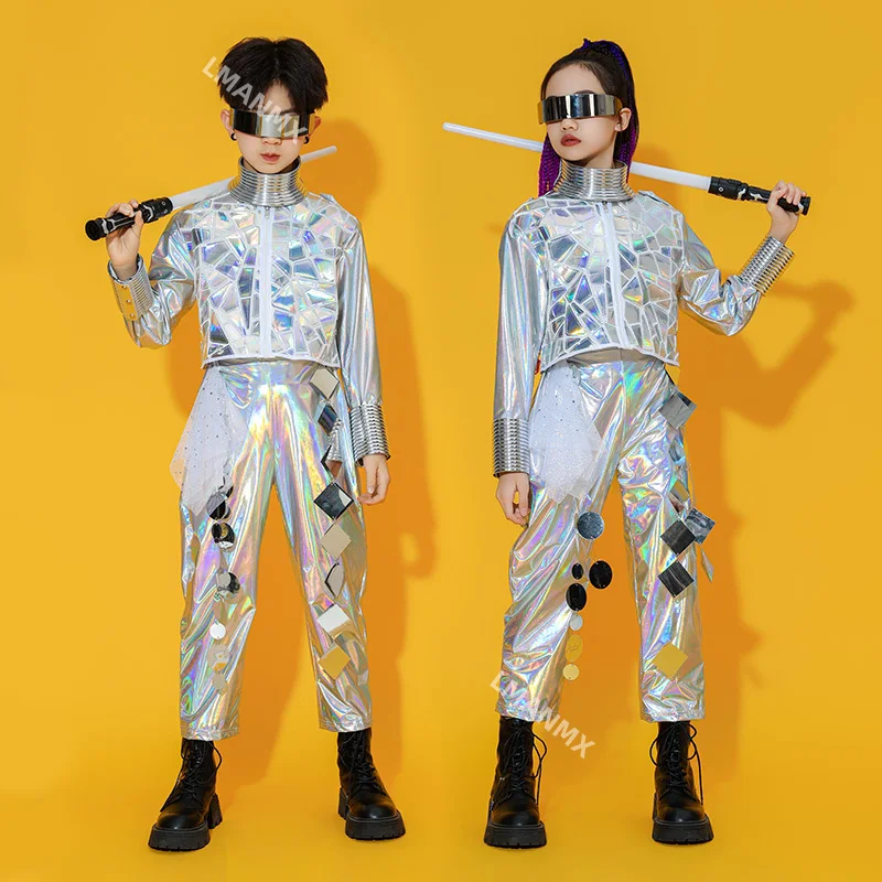 بدلة ليزر فضائية للأطفال، مجموعة رقص روبوتية، أزياء أداء عصرية للرجال والنساء باللون الفضي #2