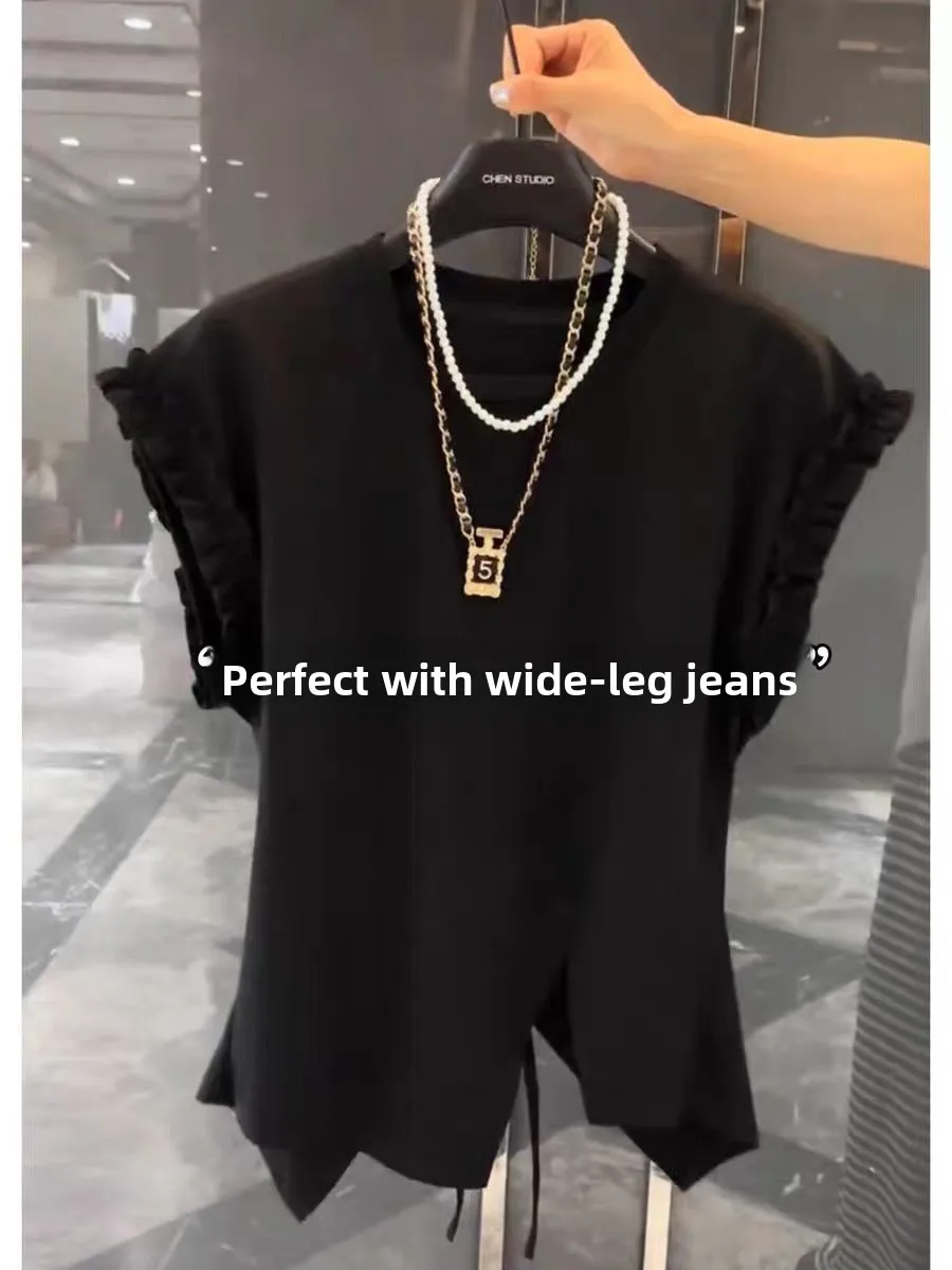 

Summer Short Sleeve T-Shirt Women's High Waist Commute Style Design Back Strap Irregular Ear Look Top Korean Version