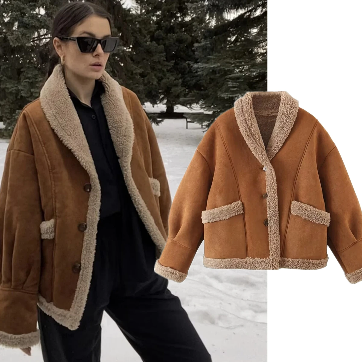 

Withered Minimalist Autumn And Winter Jacket Loose Suede Lambhair Coat With Drop Shoulder Coat Women Tops