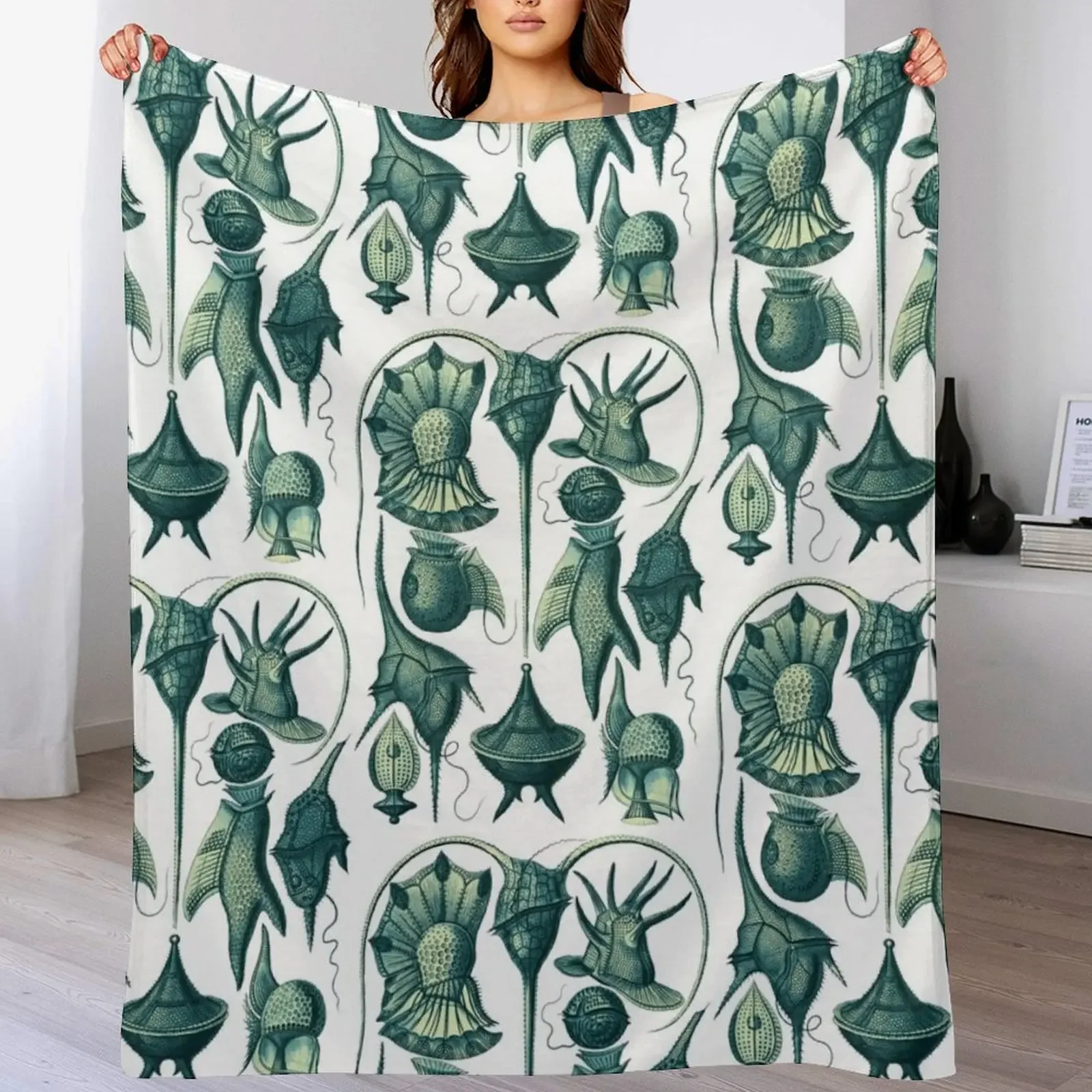 Ernst Haeckel Peridinea Plankton Teal Throw Blanket Quilt Custom funny gift Blankets