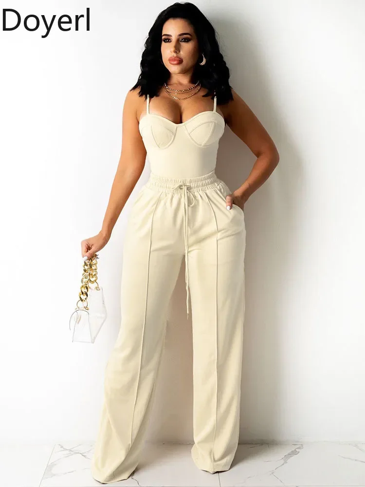 Doyerl solide décontracté 2 pièces ensemble femme vêtements Spaghetti sangle haut sans bretelles et cordon jambe large pantalon correspondant ensembles tenues