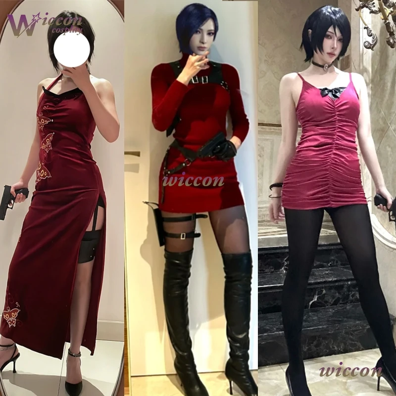 wuhuu# Female Resident 4 Ada Wong Cosplay Costume Evil Cheongsam Embroidery Dress Red Ada Wig Halloween Carnival Suit Women