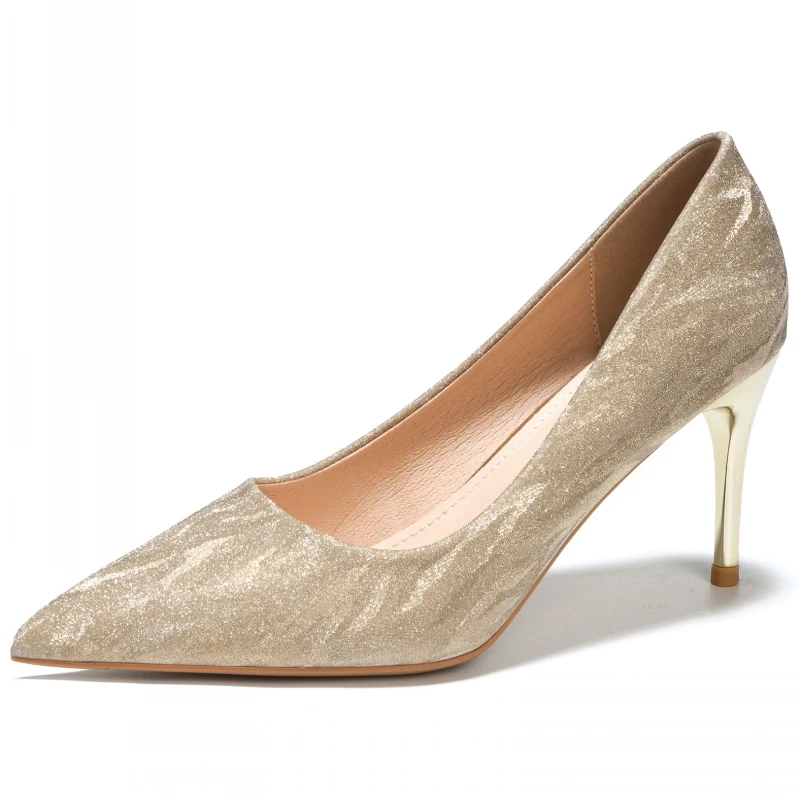 

Spring New Comfortable Thin High Heels Pointed Toe Office Career Slip On Basic Fashion Casual Pumps Silver Shoes Women E0014