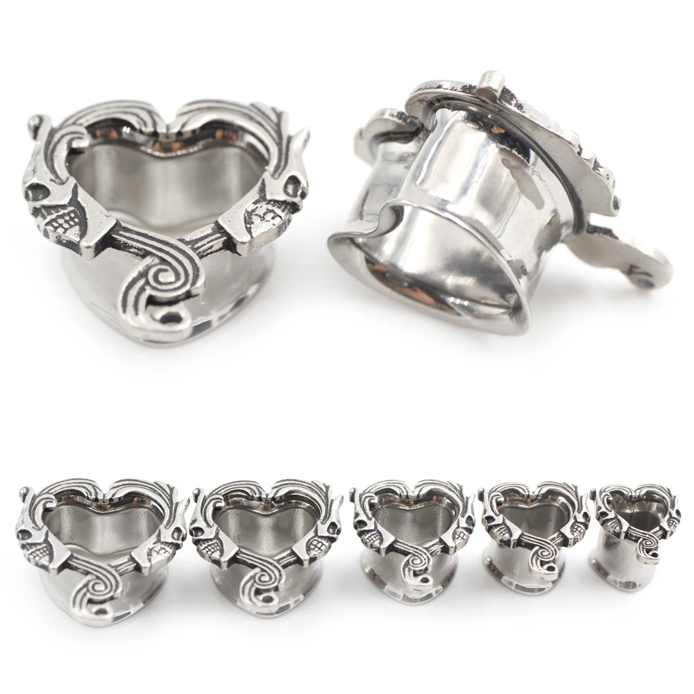 Alisouy 2PCS Stainless Steel Hollow Love Heart Skull Ear Tunnels Plugs Expander Stretcher Gauges Earrings Piercing Body Jewelry