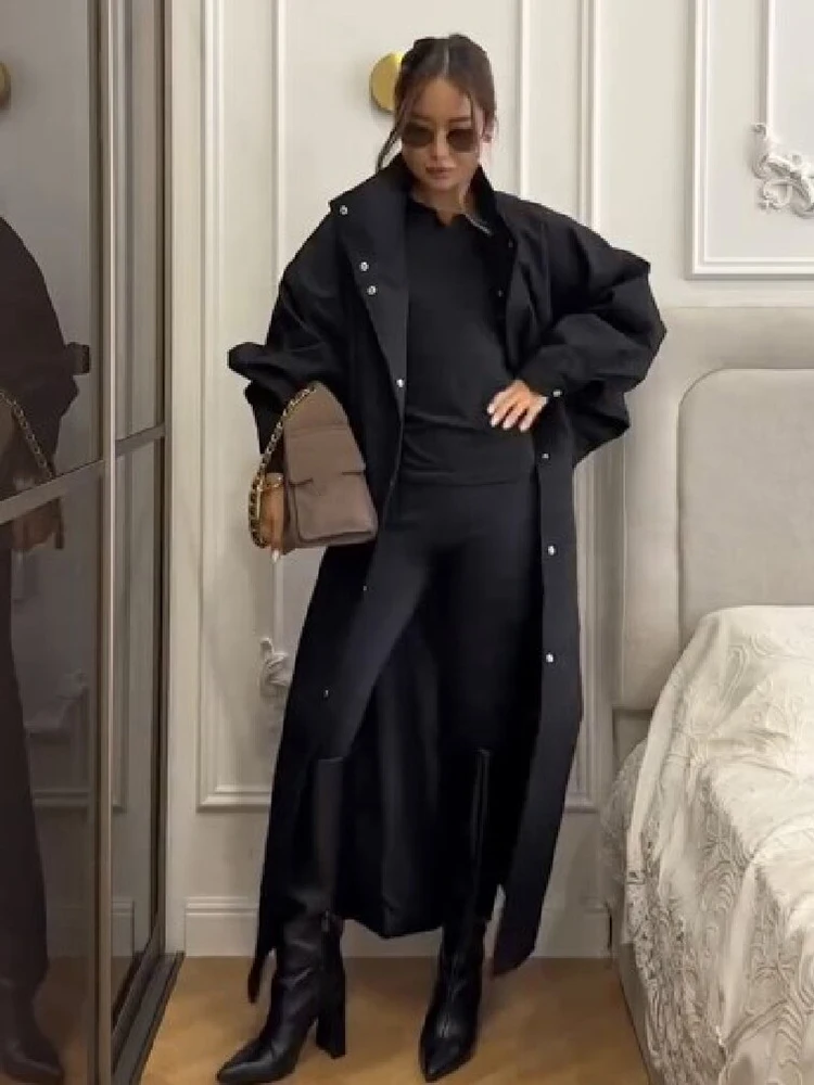 Women Trendy Solid Stand Collar Button Front Loose Maxi Trench Coat Batwing Long Sleeve Outerwear Autumn Daily Office Outfit New