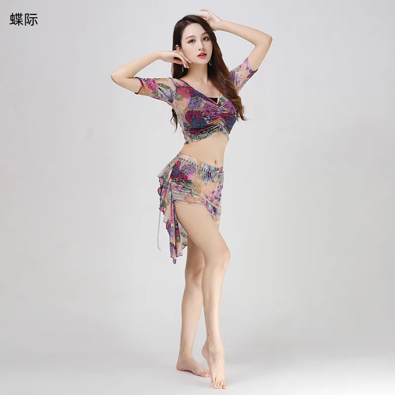 Nuovo set di tute per la pratica della danza del ventre, costume da performance per pratica floreale con stampa di filati d'acqua, dimensioni grandi e sottili