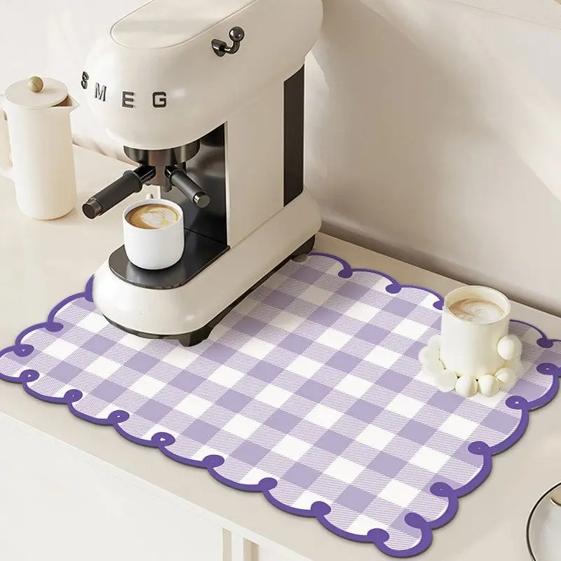 VIKAMA Kawaii Pink Gingham Dish Drying Mat Bow Scalloped Edge Cute Kitchen Countertop Decor Aesthetic for Kitchen Home Gift