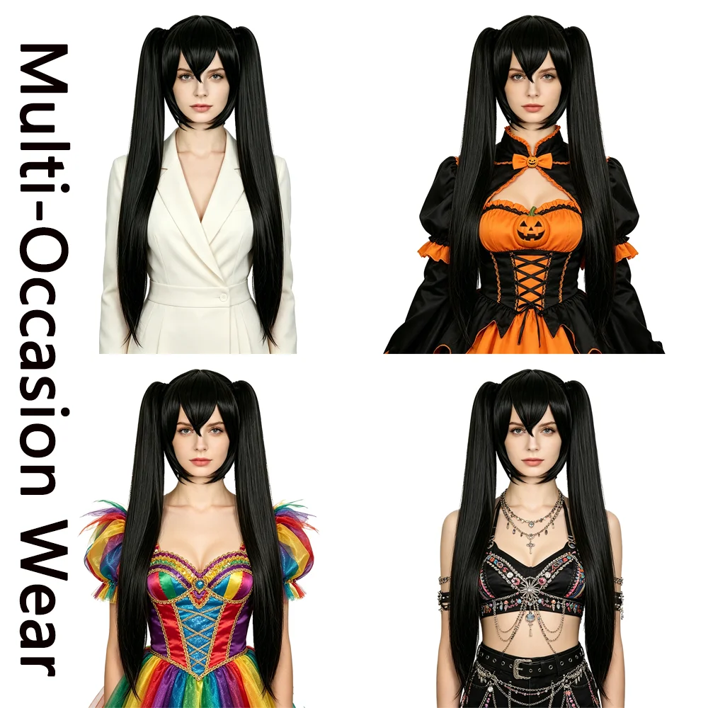 Miku Cosplay Wig 120cm Long Black Straight Wig with 2 Detachable Clip-on Ponytails Heat Resistant Synthetic Anime Wig For Women