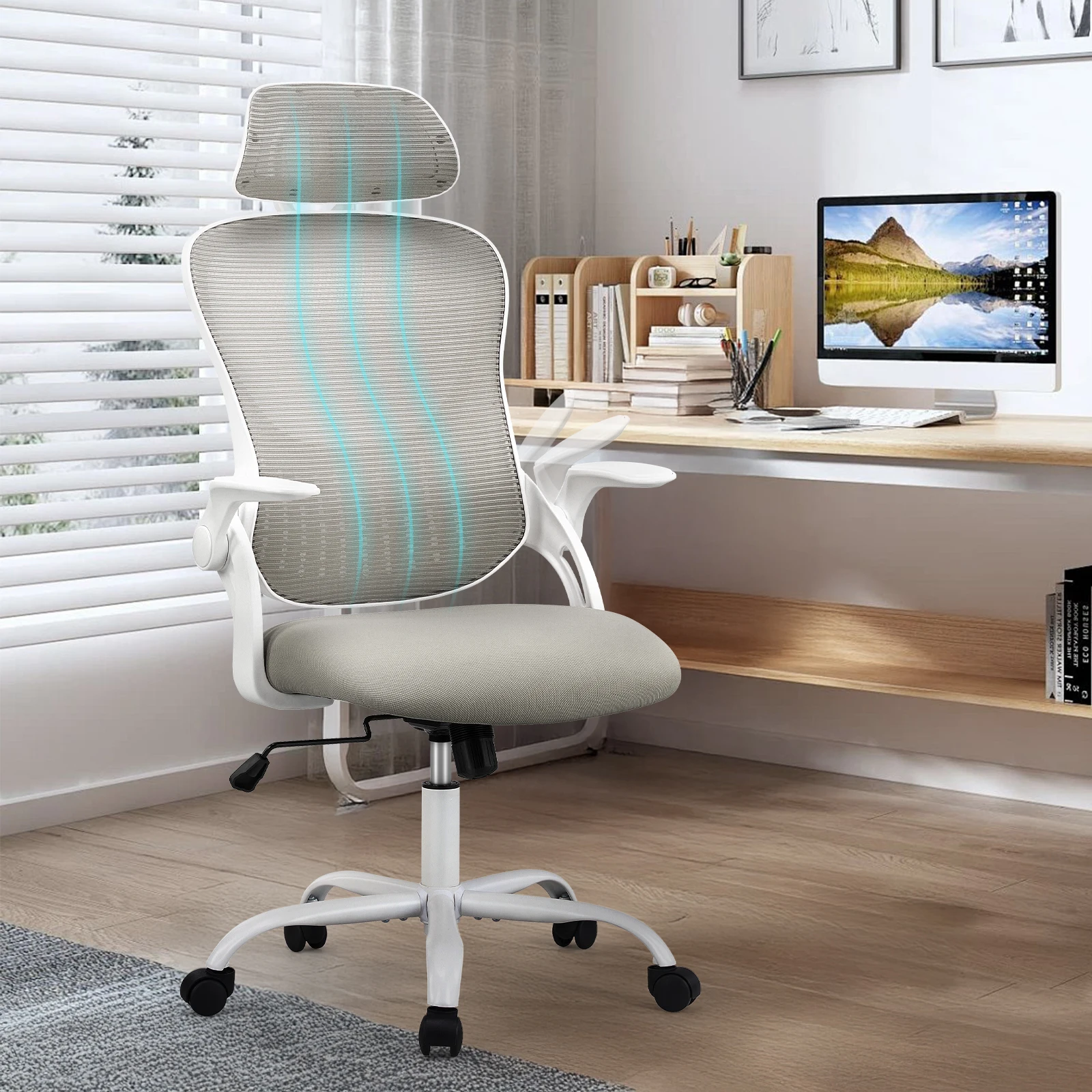 JHK Mesh Flip-up Arms Computer Desk Chair Ergonomic Office Chair with Lumbar Support Adjustable Headrests High-Back Rolling Work Office Chair For Home Office