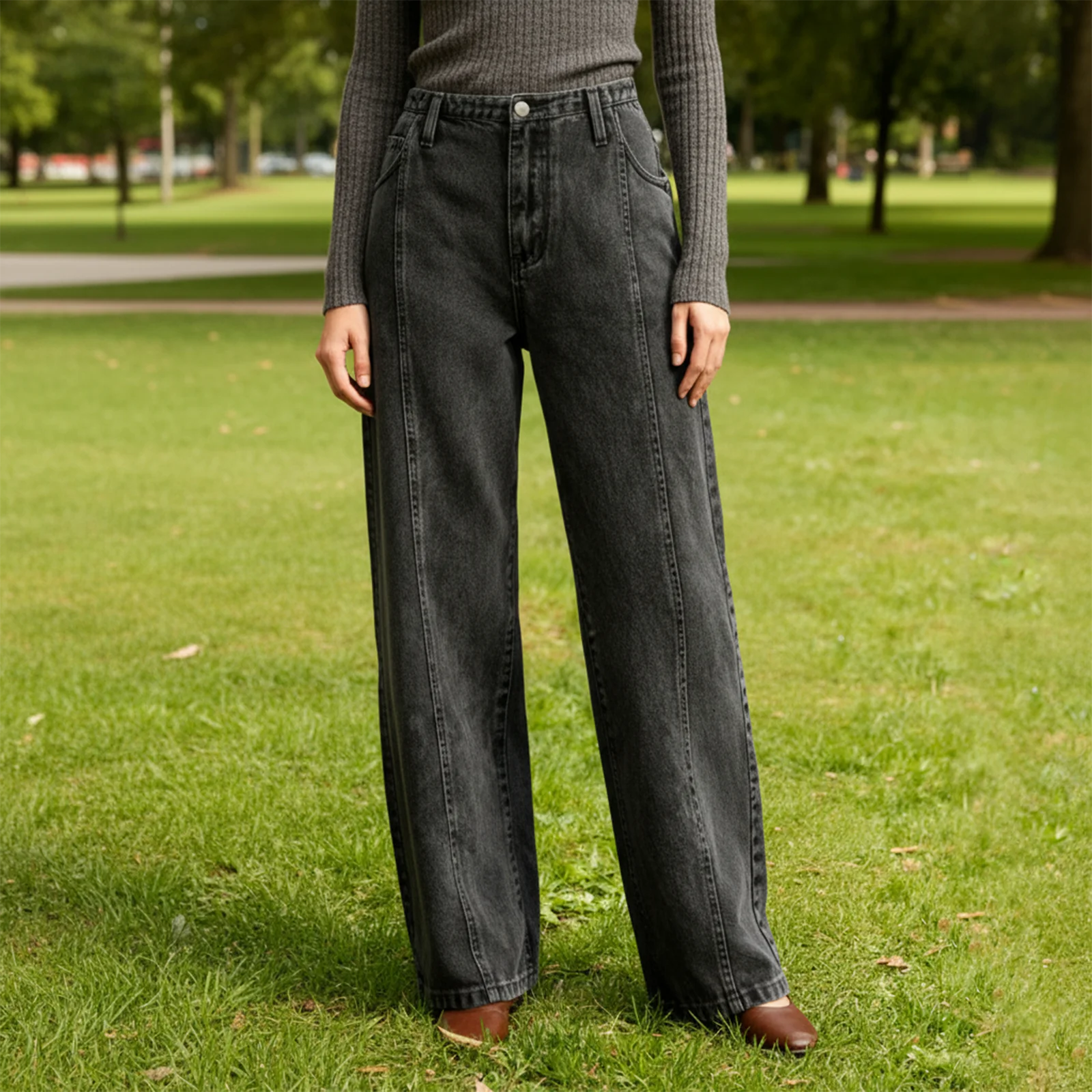 Women Jeans High Rise Causal Wide Straight Leg Solid Color Denim Pants with Pockets