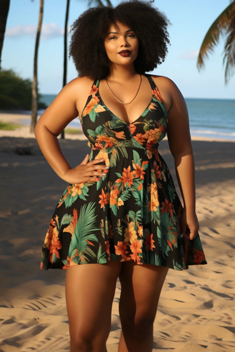 

Plus Size Vacation Multicolor Tropical Print V Neck Swimsuit Fabric Swimwear Dress