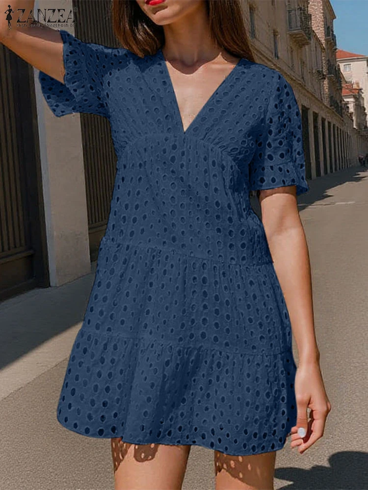 

ZANZEA Elegant Women Lace Dress 2025 Summer V-Neck Sexy Mini Sundress Short Puff Sleeve Hollow Out Cotton Vestidos Party Robe