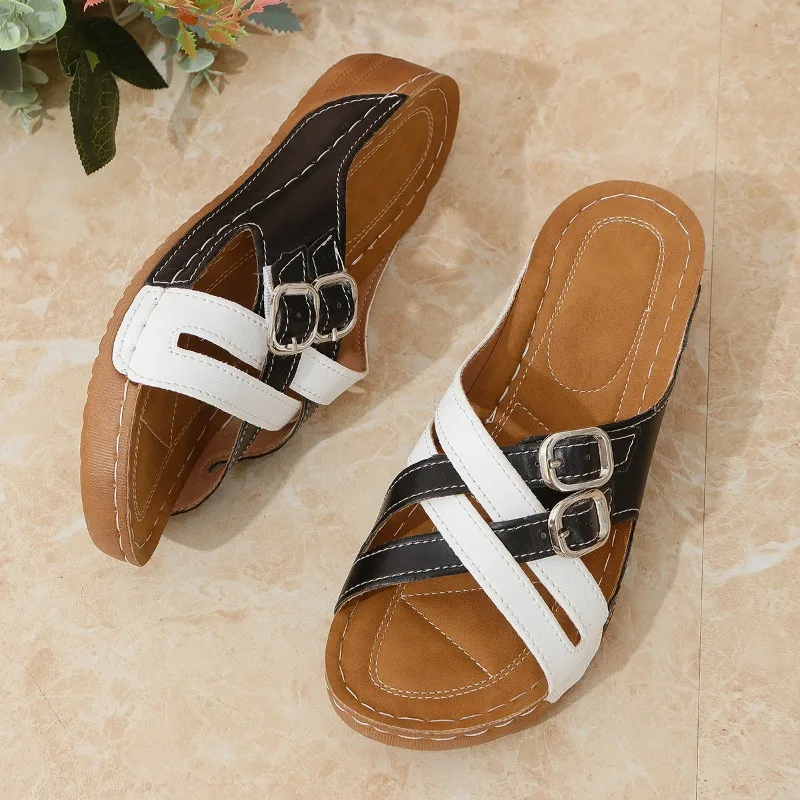 Flat Sandals Summer New Round Head Open Toe Metal Buckle Collocation Color Soft Sole Anti-slip Wear-resistant Slippers