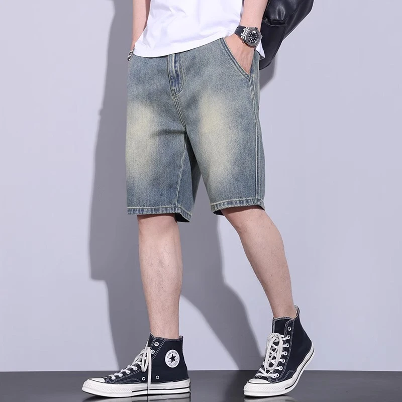 

American Summer Lightweight Casual Loose Washed Denim Short Pants Men Trend Vintage Straight Leg Jeans Male Daily Commute Shorts