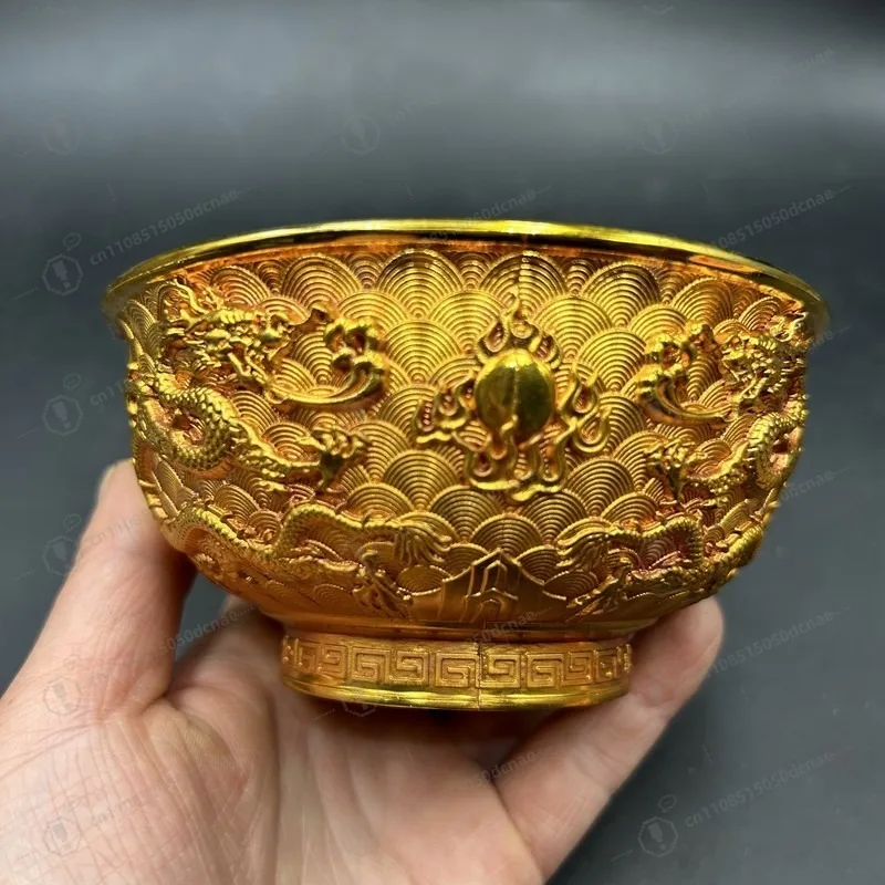 

Антикварная чаша с двумя драконами и жемчугом - посеребренная позолоченная медь, декоративное изделие для дома, коллекционный предмет