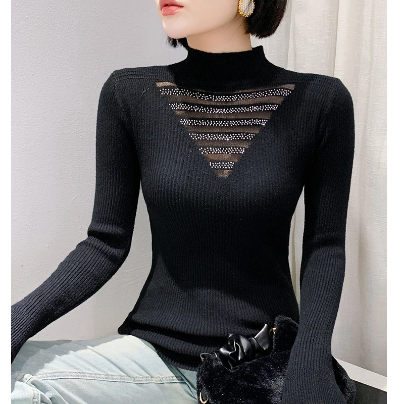 

2024 Autumn Winter Women Sweater New Fashion Hot Diamond Pullovers Tops Long Sleeve Half High Collar Knitted Shirt