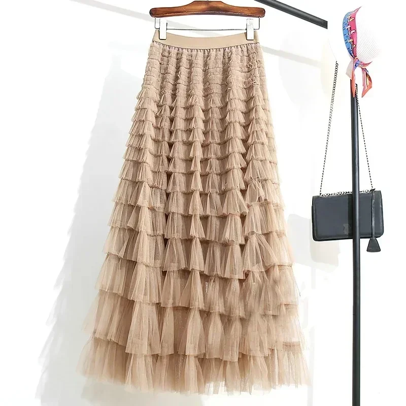 Women Runway Fashion Layered Ruffles High Quality Mesh Sheet Midi Long A Line Skirts Casual Basic 4 Seasons Bottom