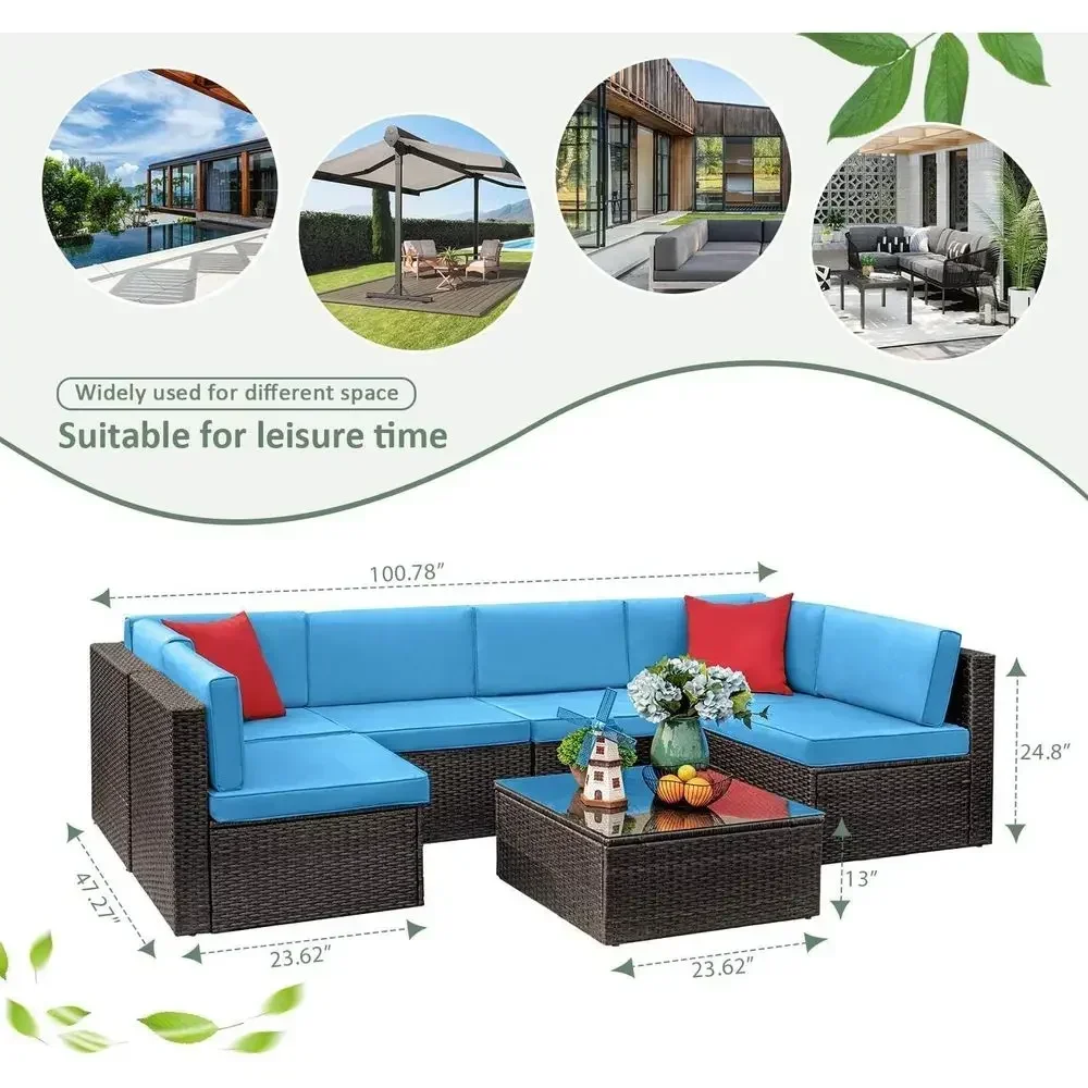 7-Piece Outdoor Sectional Sofa Set with Wicker Weaving, Cushions, and Glass Table (Blue)