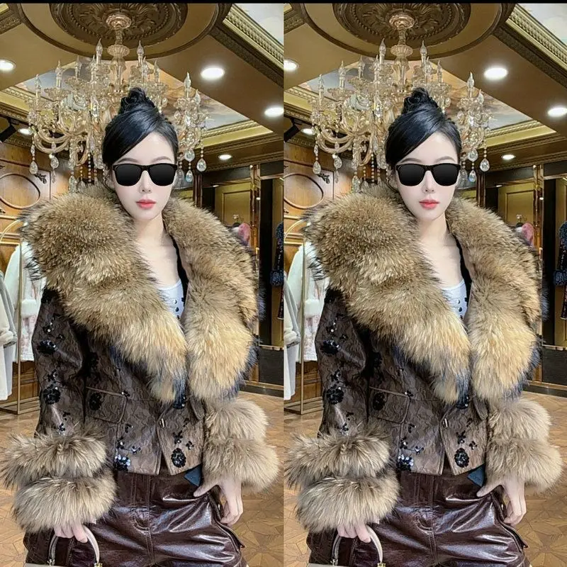 

Роскошная женская кожаная куртка с меховым воротником и рукавами, теплая, модная, осенне-зимняя, короткая модель