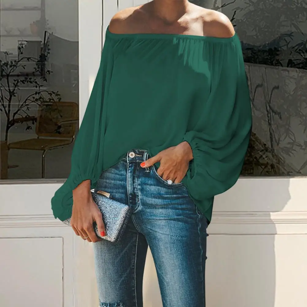 Effen Kleur Off Shoulder Vrouwen Shirt Effen Kleur Lantaarn Lange Mouw Herfst Top Klassieke Elastische Kraag Dame Blouse