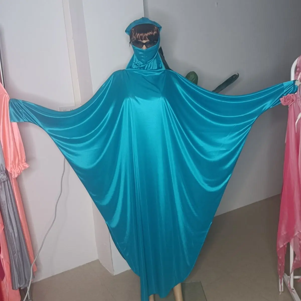 Glossy Hoodie Sexy Women Satin Long Dress Batwing Sleeve Loose Night Dress Plus Size Sleeping Robe