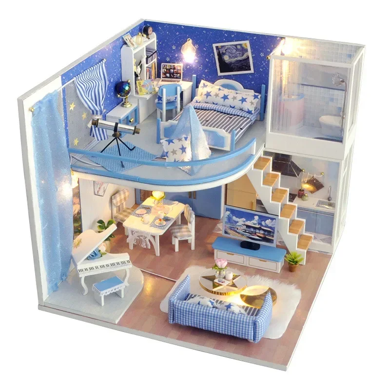 

DIY Handmade doll house music + LED light piano villa Duplex building wooden miniature dollhouse furniture telescope room toy