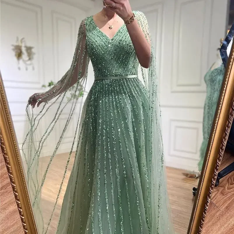 SERENE HILL Arabic Mint Cape Sleeves A-Line Beaded Evening Dresses Long Customized 2025 Celebrity Gowns Women Party GLA71865