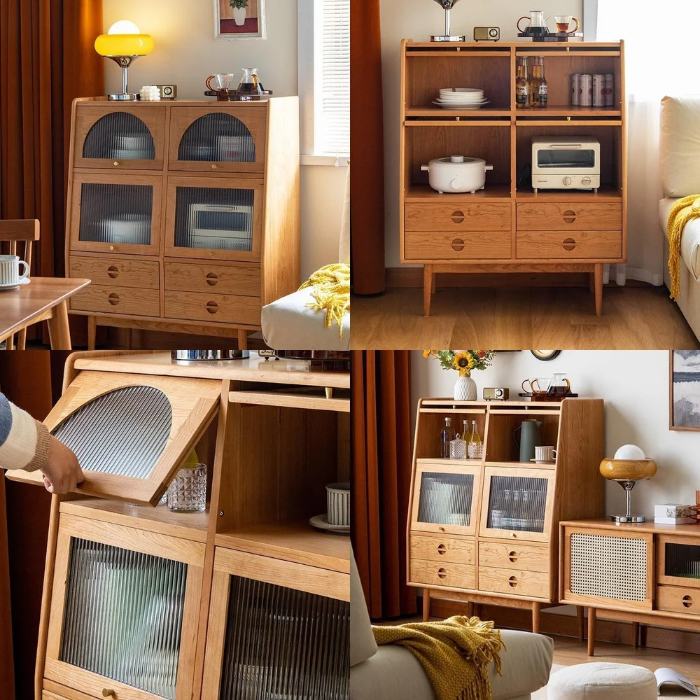 Nordic Solid Wood Side Cabinet for Home Dining Room Living Room Kitchen Bedroom Storage Locker with Lattice Design Vintage