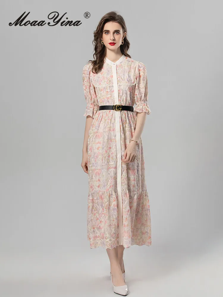 

MoaaYina Summer High Quality New Arrivals Women Dress Floral Print Embroidery Hollow Out Sashes Flare Sleeve Elegant Dresses