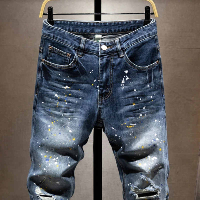 Street Designer Fashion Men Jeans Retro Blue Stretch Slim Fit Painted Ripped Jeans Men Patched Vintage Casual Denim Pants Hombre