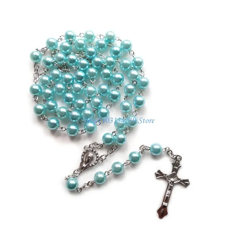 N5KC Vintage Christian Rosary Necklace Jesus Crucifix Pendant Faux Pearl Beads Choker Multicolor for Men Women Christian Gift