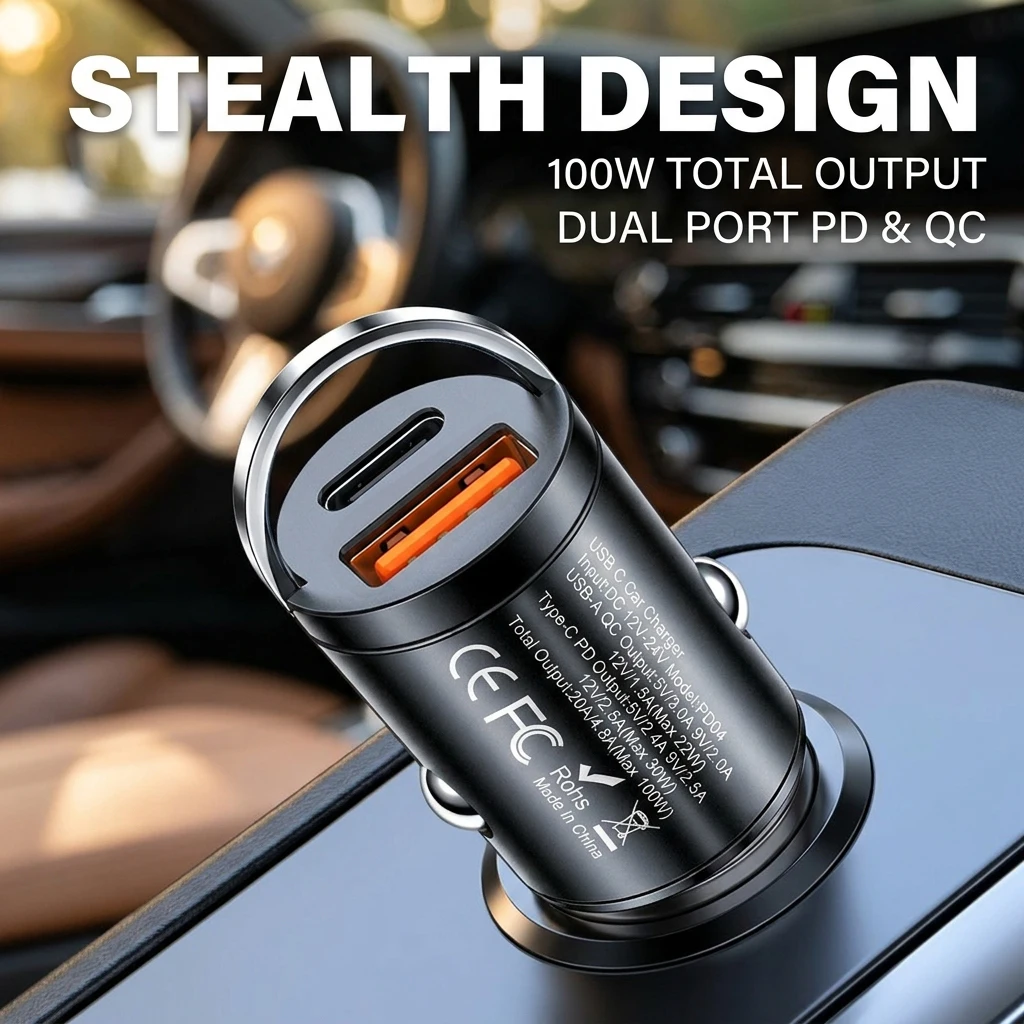 100W USB C Car Charger Mini Flush Fit Adapter Dual Port PD & QC Fast Charging Cigarette Lighter For Smart Phones And Tablets