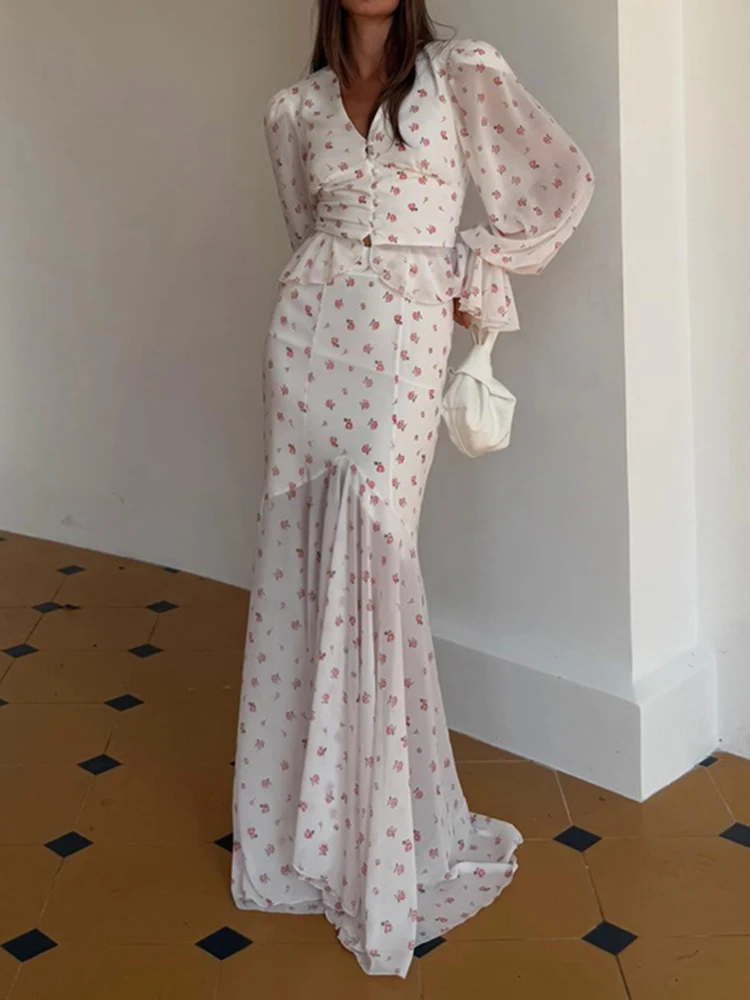 Elegantes Damen-Outfit mit Blumenmuster und Rüschen, Modisches 2-Teiliges Set mit Hoher Taille, Sexy V-Ausschnitt, Trompetenärmel-Bluse & Langer Rock