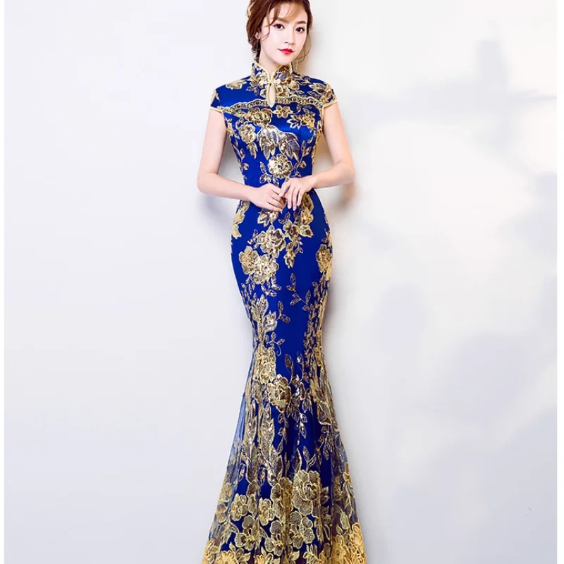

Chinese Improved Cheongsam Fashion Dress with Fishtail Skirt Long Performance Dress