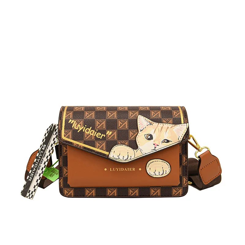 Messenger Bag for Girls High-looking Checkerboard Square Shoulder Bag Cartoon Cat Personality Versatile Crossbody Bag