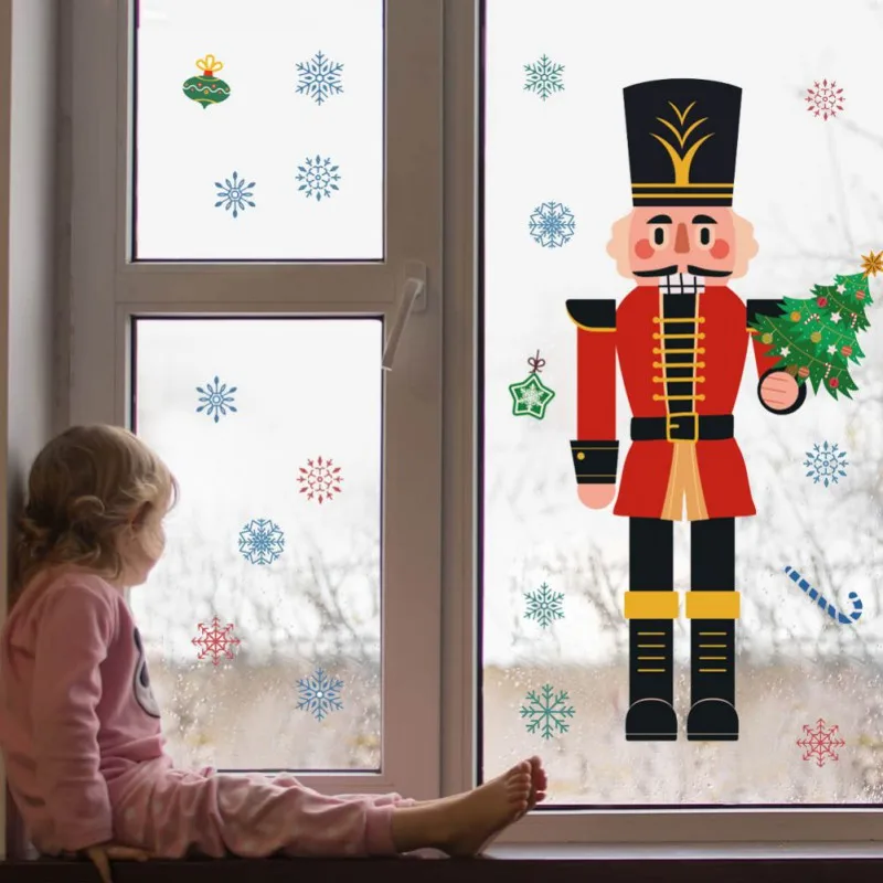 Christmas Wall Sticker Decoration Nutcracker Snowflake Pattern Decorative Paster for Glass Windows Door Refrigerator Kids Room