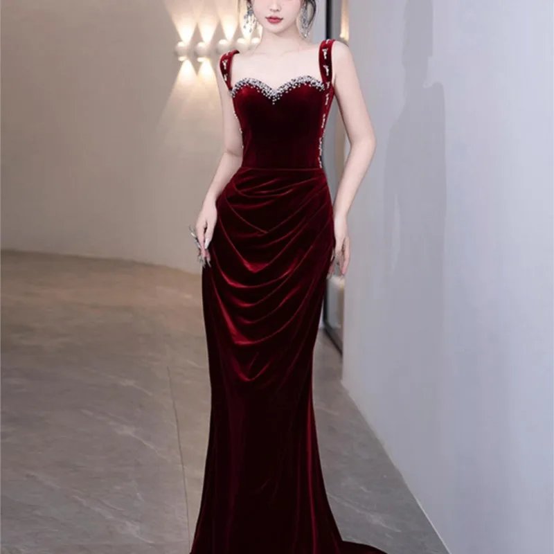 

Red toasting sling fish tail fashion party dress with niche temperament