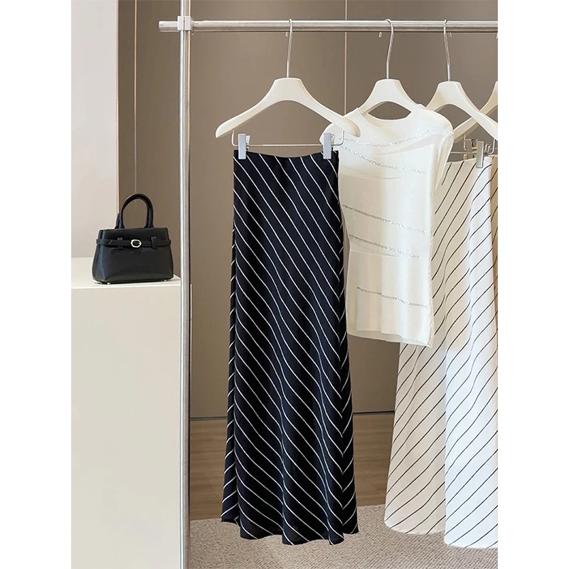 MEXZT Vintage Gestreifter Midirock für Damen, Eleganter Schwarzer Hochtaillierter Rock, Sommerliche Koreanische Weiße Schlanke Allround-Design-Röcke