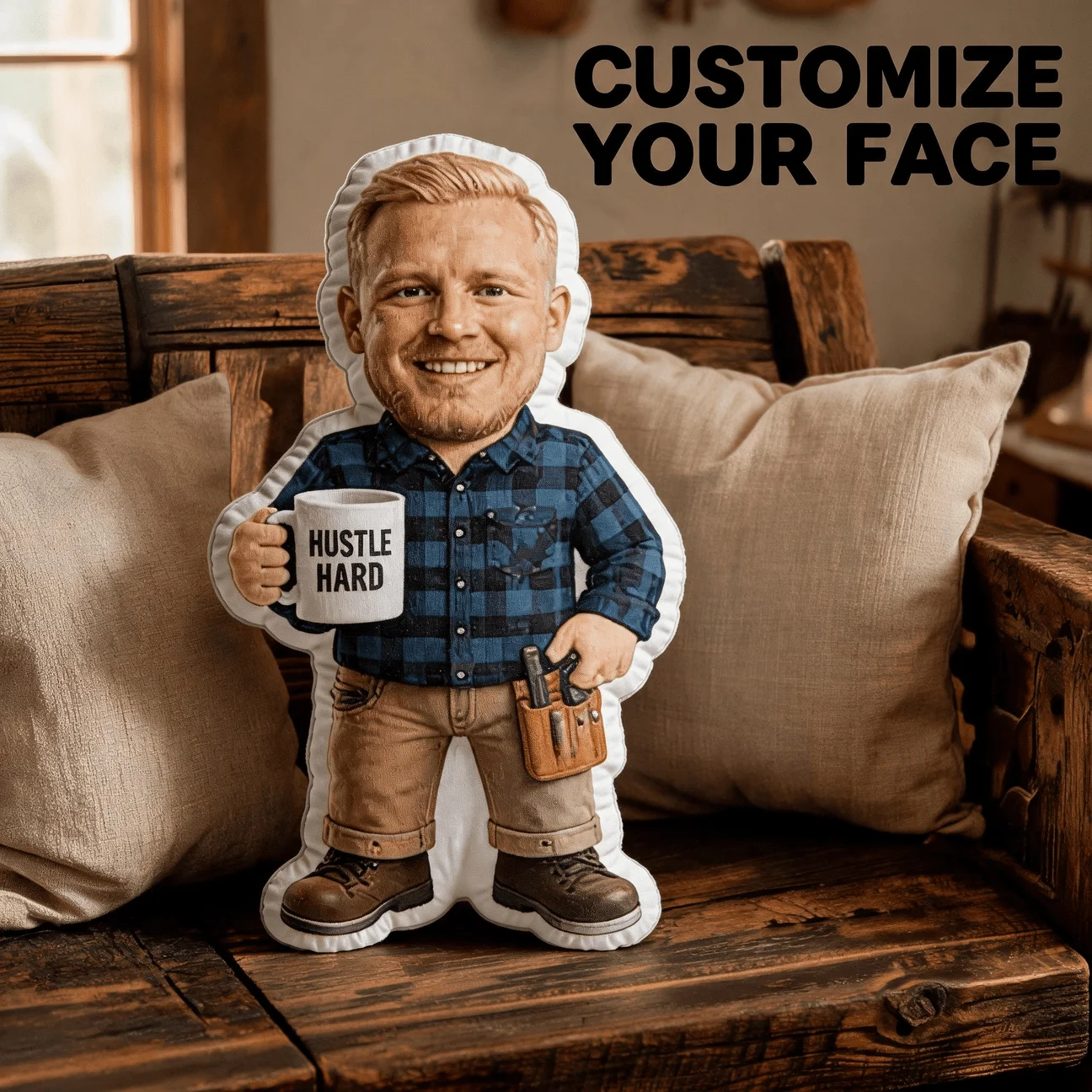 Custom Photo Shaped Pillow, Personalized Face with Plaid Shirt And Tool Belt Decorative Cushion, Unique Home Decor Accent for So
