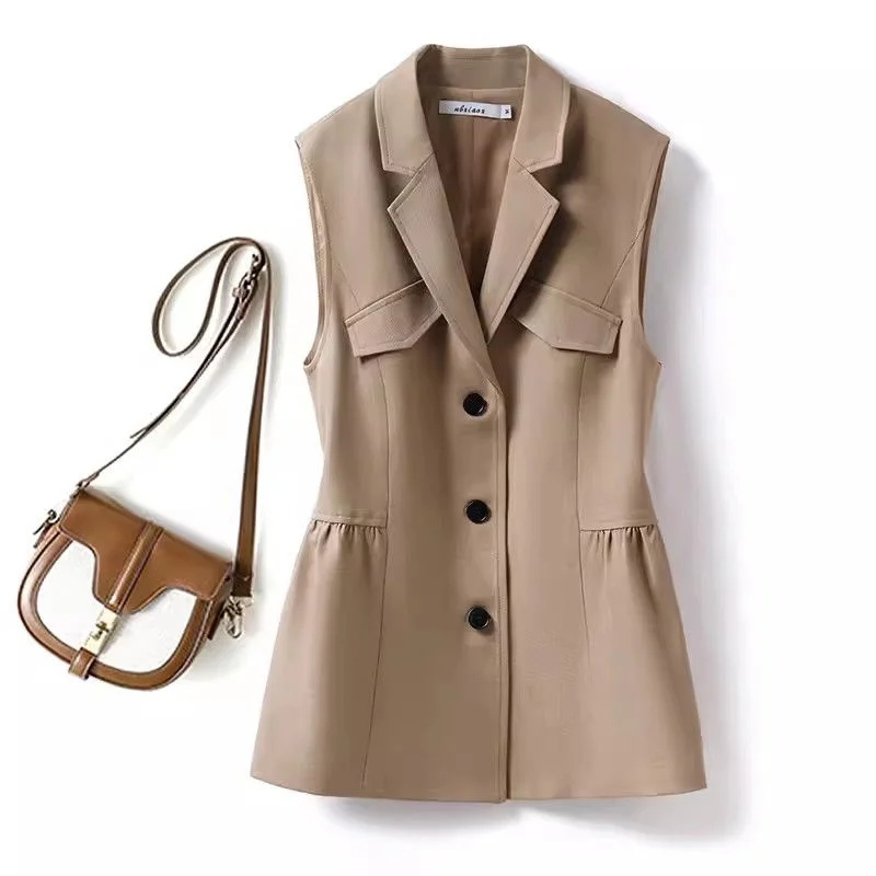 

2024 Spring Autumn New Vest Women Coat Sleeveless Oversized Tops Casual Waistcoat Fashion Korean khaki Outerwear Female