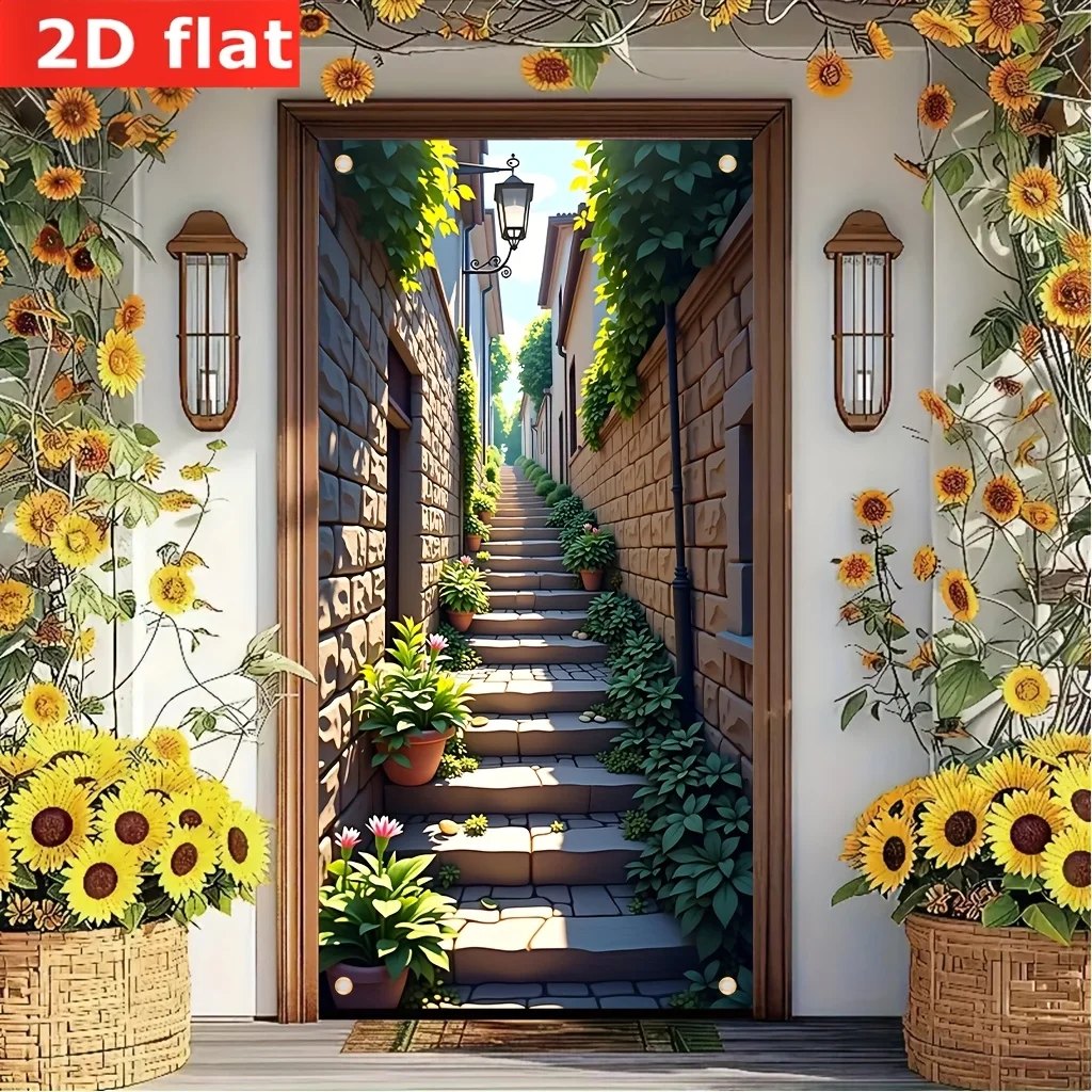 2D Door Curtain Scenery Bamboo Buildings Waterfall Banner Polyester Fiber Artistic Decorative Door Curtains for Home Decor